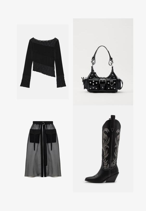 Zwarte lange mouw top met een mix van gladde stof en gestructureerde kantaccenten, met een asymmetrische snit en uitlopende mouwen.; Zwarte doorschijnende rok met een verzameld tailleband, voorzien van twee grote voorzakken, een tailleband met strik en een ronde metalen accent.; Zwarte leren cowboylaarzen met spitse neuzen, wiggenhakken en zilver geborduurde bloemmotieven langs de schacht. Contrasterende stiksels overal.; Zwarte lederen handtas met een gebogen ontwerp, voorzien van zilveren studs, een gesp en twee zijvakken. Verstelbare schouderband voor verschillende draagmogelijkheden.