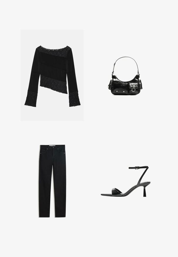 Zwarte lange mouw top met een mix van gladde stof en gestructureerde kantaccenten, met een asymmetrische snit en uitlopende mouwen.; Zwarte denimbroek met een recht silhouet, vijf zakken, metalen knoopsluiting en subtiele stikdetails. Gladde textuur.; Bershka Sandalen met hoge hak - black; Zwarte laarzen in lakleer met een gebogen vorm, één schouderband, voorvakken en accenten in zilverkleurig metaal.