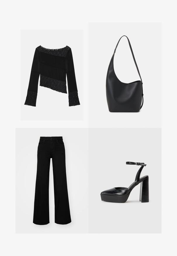 Melna garumām piedurknēm blūze, kurai ir gludas auduma un teksturētas mežģīnes akcenti, ar asimetrisku griezumu un paplatinātām piedurknēm.; Melni plaša kāju bikses, izgatavotas no džinsa, ar strukturētu jostu, jostu cilpiņām un priekšējām kabatām. Gluda tekstūra ar klasisku dizainu.; Melnas platformas papēžs ar norādītu purngala formu un regulējamu potītes siksniņu. Izgatavotas no gludas ādas, ar masīvu bloku papēdi.; Melnas ādas hobo soma ar gludu tekstūru, izliekta forma un vienu regulējamu jostu; augšā ir plaša atvere.