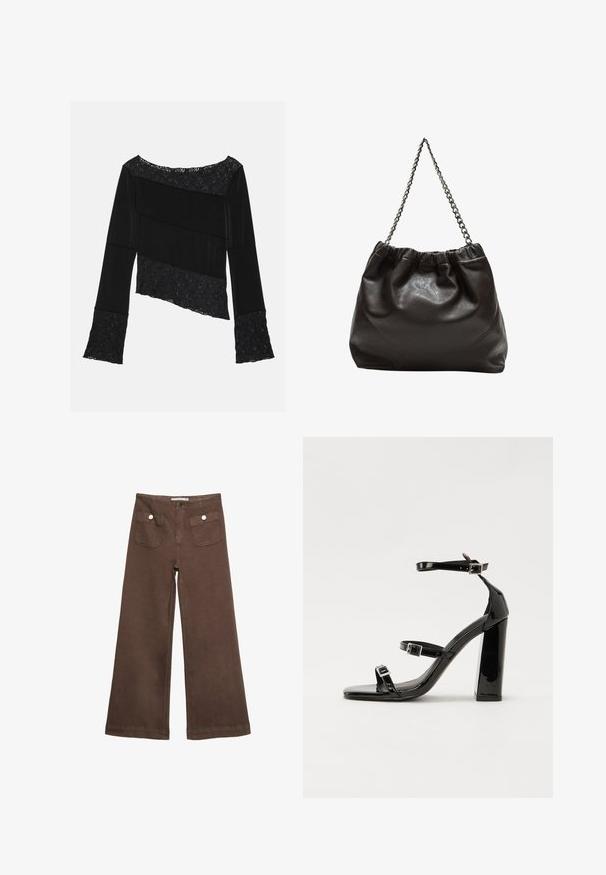 Top nero a maniche lunghe con una combinazione di tessuto liscio e dettagli in pizzo testurizzato, con un taglio asimmetrico e maniche svasate.; Pantaloni larghi marroni in cotone, con due tasche frontali decorate da bottoni argentati e una texture liscia.; Sandali con tacco alto in vernice nera con due cinturini con fibbia, punta quadrata e tacco spesso a blocco, caratterizzati da una texture liscia e lucida.; Borsa in pelle marrone con parte superiore arricciata e tracolla a catena. Texture liscia con finitura lucida e dettagli di cucitura sottili sui lati.
