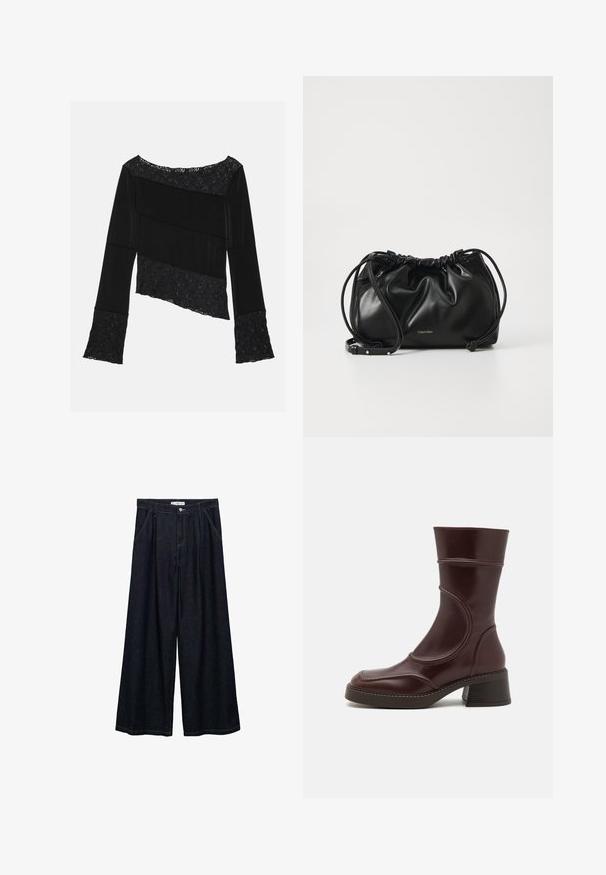 Mustat pitkät hihat -paita, joka sisältää yhdistelmän sileää kangasta ja teksturoituja pitsikoristeita, epäsymmetrisellä leikkauksella ja levenevillä hihoilla.; Tummat farkku leveälahkeiset housut korkealla vyötäröllä, joissa on etunapit, kaksi sivutaskua ja ompeluyksityiskohtia.; MIISTA MALENE - Klassiset nilkkurit - brown; Musta nahkainen käsilaukku, jossa on kerroksellinen muotoilu, kaksinkertainen nauhakiinnitys ja irrotettava olkahihna. Sisältää metallisen logo-yksityiskohdan.; Zign Rannekoru - silver-coloured