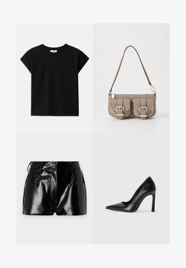 Black cotton t-shirt with a round neck, short cap sleeves, and a straight cut. Smooth texture with minimal detailing.; Black, glossy shorts made of synthetic material. Features a fitted waist, belt loops, and front pockets with prominent stitching details.; Black pointed-toe high heel shoe with a crocodile-skin texture, featuring a sleek design, high stiletto heel, and smooth black interior.; Beige textured handbag with adjustable strap, two front pockets secured by buckles, and gold hardware accents. Zipper closure at the top.