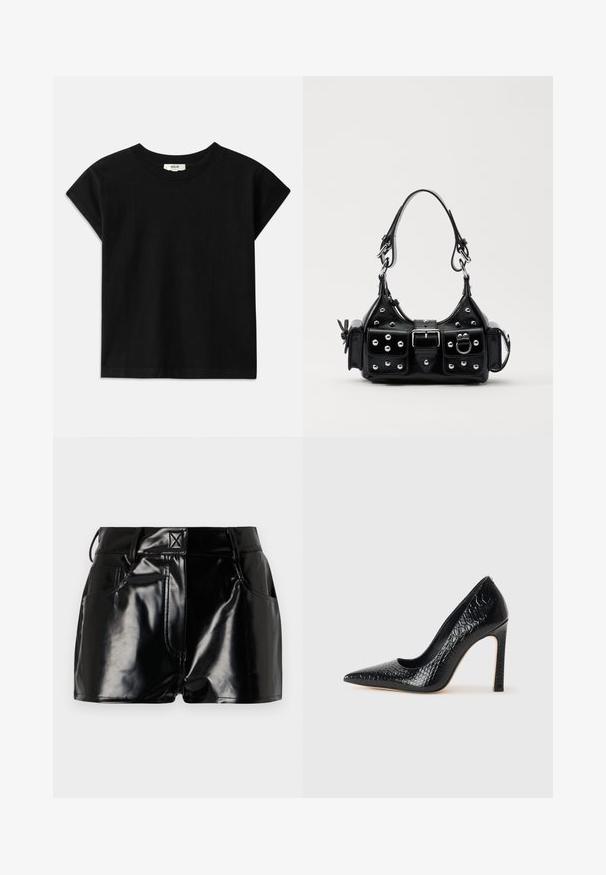 T-shirt de algodão preta com decote redondo, mangas curtas e corte reto. Textura suave com detalhes mínimos.; Calções pretos e brilhantes feitos de material sintético. Apresentam uma cintura justa, passantes para cinto e bolsos frontais com detalhes de costura proeminentes.; Sapato de salto alto de bico fino preto com textura de pele de crocodilo, apresentando um design elegante, salto agulha alto e interior preto suave.; Bolsa de couro preta com um design curvado, apresentando tachas prateadas, uma fivela e dois bolsos laterais. Alça ajustável para opções de transporte.