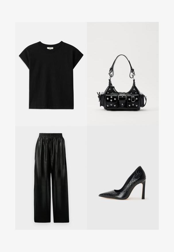 Sort bomulds T-shirt med rund hals, korte kapærmer og lige skæring. Glat tekstur med minimal detaljering.; Sorte læder brede bukser med elastisk talje, der har to sidelommer og en glat, blank overflade.; Sorte spidse tå stiletto-sko i krokodilleskind med et strømlinet design, høj hæl og glat sort inderside.; Sort læderhåndtaske med et buet design, prydet med sølvfarvede nitter, en spænde og to sidelommer. Justerbar rem til forskellige bære muligheder.