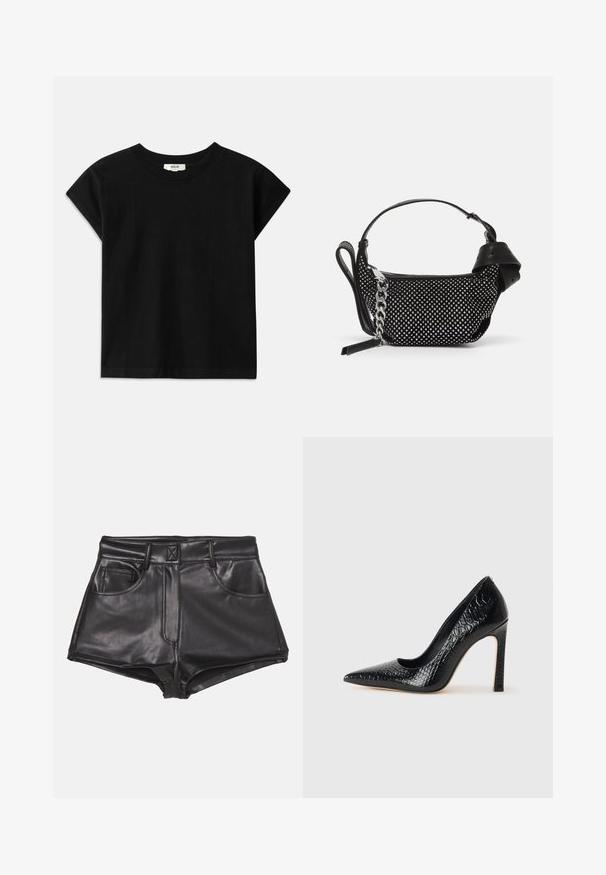 Black cotton t-shirt with a round neck, short cap sleeves, and a straight cut. Smooth texture with minimal detailing.; Black faux leather shorts with a high waist, featuring two front pockets, visible stitching, and a smooth texture.; Black pointed-toe high heel shoe with a crocodile-skin texture, featuring a sleek design, high stiletto heel, and smooth black interior.; Black handbag with a textured design, adorned with silver studs and a chunky silver chain strap. Features a sleek, minimalist shape.