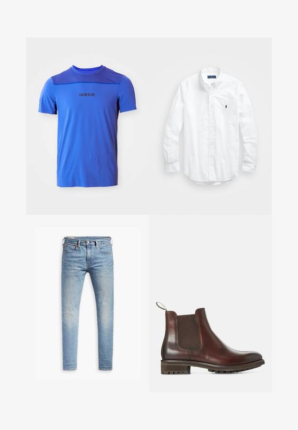 Mėlyna sportinė marškinė su apvaliu kaklu, tinklinė medžiaga ant pečių ir juodu užrašu "CALVIN KLEIN". Lygus paviršius.; Balta ilga rankovė mygtukų marškiniai iš medvilnės. Pasižymi klasikinėmis apykaklėmis, mygtukų rankogaliais ir mažuoju tamsiai mėlynu siuviniu su logotipu ant krūtinės.; Šviesiai mėlyni aptempti džinsai su lengvu nudėvėjimu šlaunyse, priekyje užsegami mygtuku, su diržo kilpelėmis ir penkių kišenių stiliumi ant baltos fono.; Rudos odinės Chelsea botai su elastiniais šonų paneleis, traukimo juosta ir tekstūruotu guminiu padu. Lygus paviršius su tvirtu žemu kulnu.