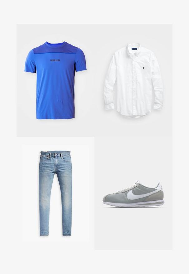 Zila sporta t-krekls ar apaļu kaklu, acs audums uz pleciem un melna krāsā drukāts "CALVIN KLEIN" logo. Gluda tekstūra.; Balta garām piedurknēm pogājamā krekla izgatavots no kokvilnas. Iezīmē klasisku apkakli, poga aproces un mazu tumši zilu izšūtu logo uz krūšu.; Gaiši zili pieguļoši džinsi ar nelielu izbalēšanu uz gurniem, ar pogu aizdari priekšā, jostas cilpām un piecu kabatu stilu uz baltā fona.; Pelēkie sporta apavi ar zamša un tekstila augšu, balto Nike logotipu un baltiem šņorēm. Iezīmējas ar strukturētu gumijas zoli un mīkstu apkaklīti.