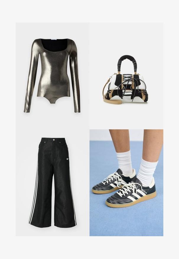 Metāla garām piedurknēm bodijs ar kvadrātveida dekoltē, gludu tekstūru un pieguļošu dizainu sudraba un tumši pelēkos toņos.; Melni platās kājas džinsi ar trim baltām svītrām katrā pusē un mazu baltu logotipu. Iezīmē priekšējos kabatas un pogu aizdari.; Melnas ādas sporta apavus ar baltām svītrām, apaļu purngalu, baltām auklām un gumijas zoli. Izceļas ar mīksto apkakli un zīmola detaļām.; Daudzkrāsaina soma ar melnu, baltu un bēša sietu. Somas priekšpusē ir teksturēts rokturis, lentes dizains un noņemams plecu siksniņa.