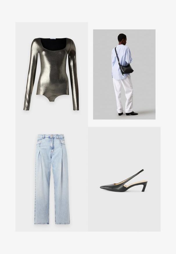 Fémes, hosszú ujjú bodysuit négyzet alakú nyakkivágással, sima textúrával és fitted kialakítással ezüst és sötétszürke árnyalatokban.; Világoskék farmernadrág magas derekú, bő szabású, két oldalsó zsebbel és pliszírozott dizájnnal. Puha tapintású, elhalványított felület.; Fekete, hegyes orrú, slingback cipő alacsony sarkával, sima bőrből készült, oldalt kivágott deisgnal a légáteresztőképesség érdekében.; Fekete bőr válltáska puha tapintással, háromszög alakú, állítható pánttal, világoskék csíkos inggel és fehér nadrággal párosítva.
