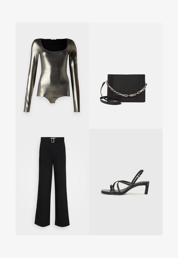 Μεταλλικό κορμάκι μακρύ μανίκι με τετράγωνη λαιμόκοψη, λεία υφή και εφαρμοστή σχεδίαση σε αποχρώσεις ασημί και σκούρου γκρι.; Μαύρο παντελόνι με φαρδιά πόδια, κατασκευασμένο από ελαφρύ ύφασμα, με λεία υφή, μπροστινές πτυχές και ζώνη με τετράγωνη μεταλλική αγκράφα.; Μαύρη σανδάλι με λουράκια και τετράγωνη μύτη, καθώς και χαμηλό μπλοκ τακούνι. Διαθέτει πολλαπλά λεπτά λουράκια και ρυθμιζόμενο λουράκι στον αστράγαλο. Κατασκευασμένο από λείο δέρμα.; Μαύρη δερμάτινη τσάντα ώμου με λείο υφή, ορθογώνιο σχήμα και μεταλλική αλυσίδα μπροστά. Περιλαμβάνεται ρυθμιζόμενο λουρί.
