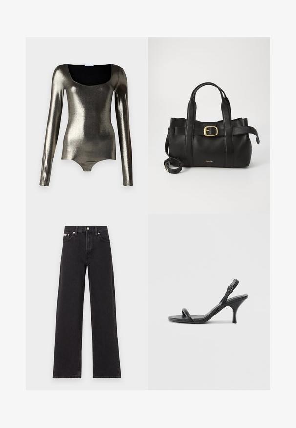 Metalinis ilgomis rankovėmis bodis su kvadratine iškirpte, lygia tekstūra ir prigludusia forma sidabro ir tamsiai pilkos spalvų atspalviuose.; Juodos plačios kojų džinsai, pagaminti iš džinsinio audinio, su aukštu liemeniu, penkių kišenių stiliumi ir metaline sagte su kontrastingo siuvimo detalėmis.; Juodos odinės aukštakulnės šlepetės su plonu, kreiviu kulnu ir kryžminiu dirželio dizainu. Reguliuojamas kulkšnies dirželis. Lygus paviršius.; Juodas odinis rankinės maišas su struktūrizuotu dizainu, dviem viršutinėmis rankenomis, auksinės spalvos sagtimi ir iškilniu prekės ženklu priekyje.