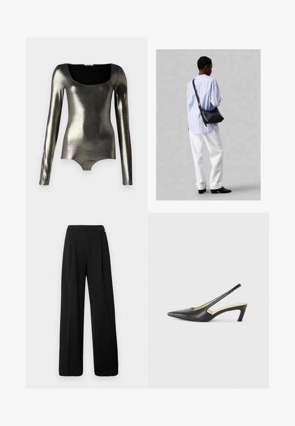 Fémes, hosszú ujjú bodysuit négyzet alakú nyakkivágással, sima textúrával és fitted kialakítással ezüst és sötétszürke árnyalatokban.; Fekete, széles szárú nadrág sima anyagból, egyszínű kialakítással és rugalmas derékkal, látványos minták vagy díszítések nélkül.; Fekete, hegyes orrú, slingback cipő alacsony sarkával, sima bőrből készült, oldalt kivágott deisgnal a légáteresztőképesség érdekében.; Fekete bőr válltáska puha tapintással, háromszög alakú, állítható pánttal, világoskék csíkos inggel és fehér nadrággal párosítva.