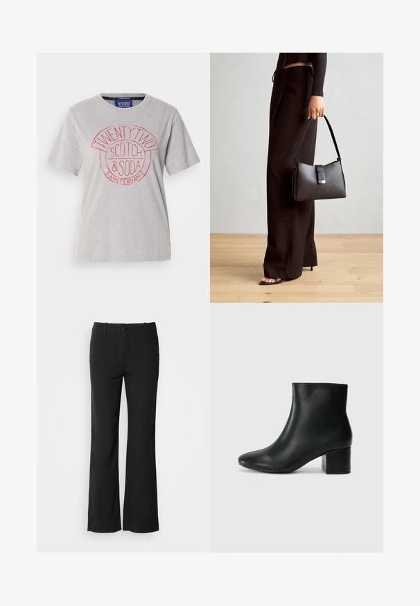 Svetlošedé bavlnené tričko s okrúhlym výstrihom, krátkymi rukávmi a červenou grafickou potlačou s nápisom "TWENTY TWO SCOTCH & SODA AMSTERDAM."; Čierne nohavice z bavlneného zmesového materiálu s rovnými nohavicami, predným zapínaním na gombík a dvoma bočnými vreckami. Hladká textúra, žiadne viditeľné vzory.; Čierne kožené členkové čižmy s špicatou špičkou a hrubým podpätkom. Hladká textúra s minimálnymi akcentmi a elegantným, priliehavým dizajnom.; Čierna kabelka so štruktúrovaným tvarom, hladkou textúrou a kovovou sponou. V kombinácii so širokými čiernymi nohavicami a sandálmi s otvorenou špičkou na drevenej podlahe.