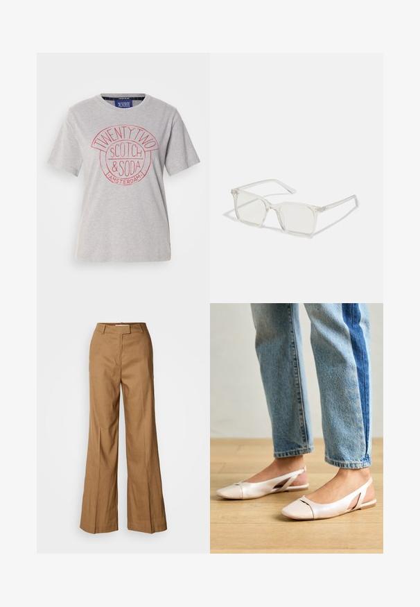 Helles graues Baumwoll-T-Shirt mit rundem Halsausschnitt, kurzen Ärmeln und einem roten Grafikdruck mit der Aufschrift "TWENTY TWO SCOTCH & SODA AMSTERDAM."; Braune weite Hosen aus leichtem Stoff. Verfügt über einen flachen Bund, Gürtelschlaufen und eine taillierte Silhouette mit einem knöchellangen Schnitt.; Blassrosa Slingback-Ballerinas mit spitzem Punkt, aus einem glatten, lederähnlichen Material. Mit Ausschnitten an den Seiten und einem flachen Absatz.; Klare, quadratische Kunststoffbrillen mit durchsichtigen Gläsern, die goldene Akzente an den Bügeln für zusätzliche Details aufweisen.; Braune Wildleder-Tasche mit weicher Textur, großer Öffnung und langen Trägern. Sie verfügt über ein simples Design mit sichtbarem Stich und ohne Beschläge.