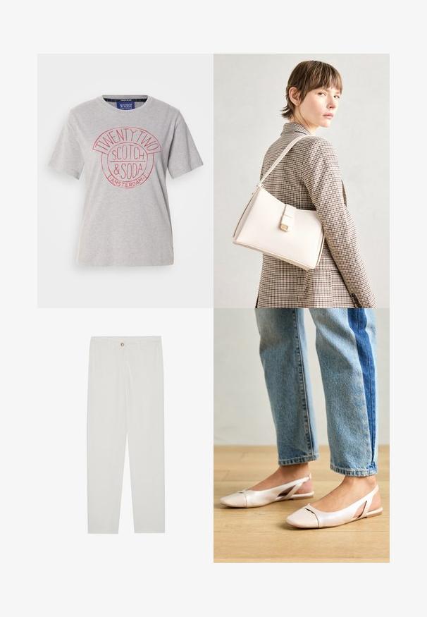 Camiseta de algodón gris claro con escote redondo, mangas cortas y una impresión gráfica roja que dice "TWENTY TWO SCOTCH & SODA AMSTERDAM."; Pantalones blancos, ajustados, con un diseño de pierna recta, que cuentan con un cierre de botón, lazos para cinturón y bolsillos laterales; textura de tela suave.; Bailarinas de color rosa pálido con tiras traseras y punta puntiaguda, fabricadas con un material similar al cuero suave. Presentan detalles recortados en los laterales y un tacón plano.; Bolso de mano de cuero blanco con un diseño estructurado, que presenta un cierre magnético y una correa para el hombro, exhibido sobre un fondo neutro.