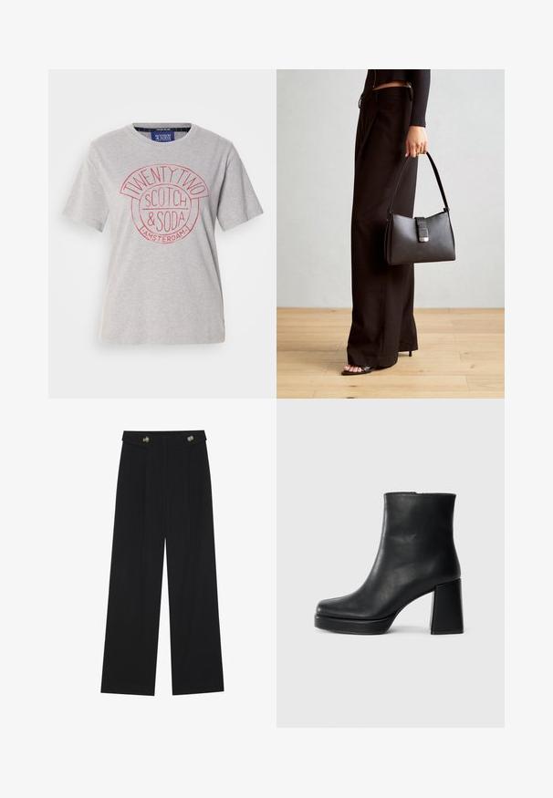 Tricou din bumbac gri deschis, cu decolteu rotund, mâneci scurte și un imprimeu roșu pe care scrie "TWENTY TWO SCOTCH & SODA AMSTERDAM."; Pantaloni negri cu picioare largi, talie înaltă, detalii cu butoane pe talie și pliseuri în față.; Botină din piele neagră, cu toc pătrat și talpă platformă, văzută din lateral pe un fundal alb simplu.; Genți negre cu o formă structurată, textură netedă și un închizător metalic. Asortată cu pantaloni negri largi și sandale cu vârf deschis pe un podea din lemn.