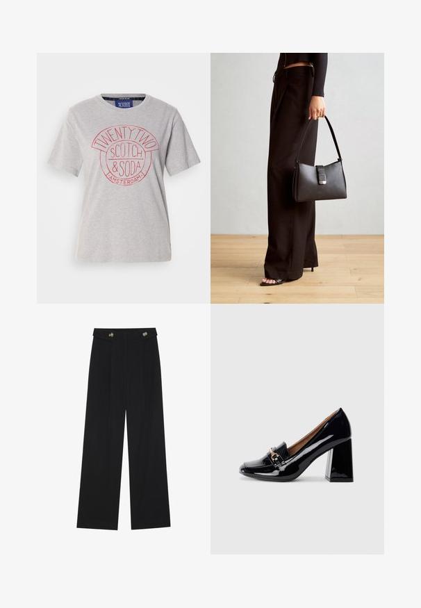 T-shirt in cotone grigio chiaro con scollatura rotonda, maniche corte e una stampa grafica rossa con la scritta "TWENTY TWO SCOTCH & SODA AMSTERDAM."; Pantaloni neri a gamba larga con vita alta, dettagli con bottoni in vita e pieghe frontali.; Scarpa con tacco alto in pelle verniciata nera con punta affusolata e tacco quadrato. Presenta un cinturino decorativo con dettaglio di fibbia sul collo del piede.; Borsa nera con forma strutturata, texture liscia e una chiusura metallica. Abbinata a pantaloni neri larghi e sandali open-toe su un pavimento in legno.