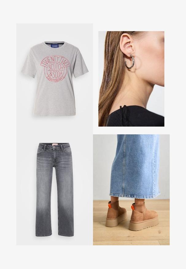 T-shirt en coton gris clair avec un col rond, des manches courtes et un imprimé graphique rouge portant la mention "TWENTY TWO SCOTCH & SODA AMSTERDAM."; Jean en denim gris avec un design à jambe droite, style cinq poches, décoloration subtile et fermeture à bouton à la taille.; Bottes en suède brun à plateforme avec des panneaux latéraux élastiques et des languettes orange, associées à une jupe en denim clair arrivant au genou sur un sol en bois.; Boucle d'oreille en argent avec une finition polie, présentant de petits détails en or et de forme ronde, portée sur le lobe.