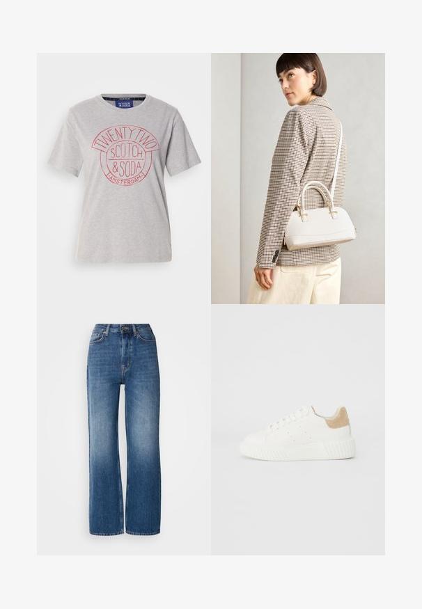 Gaišgris kokvilnas T-krekls ar apaļu kakla izgriezumu, īsām piedurknēm un sarkanu grafisku apdruku, kas lasa "TWENTY TWO SCOTCH & SODA AMSTERDAM."; Augsts viduklis, plata kāja zila džinsa bikses ar gradāciju izmazgāšanu, varš krāsas diegiem, priekšējo pogu aizdari un pieciem kabatām.; Baltas sneakers ar gludu ādas augšdaļu, ar perforētiem elementiem un brūnu zamša akcentu uz papēža. Aprīkoti ar biezu, teksturētu gumijas zoli.; Balta strukturēta roku soma ar īsām rokturiem un plecu siksnu, ar zelta aparatūras akcentiem un strukturētu materiālu, izstādīta uz pelēka fona.