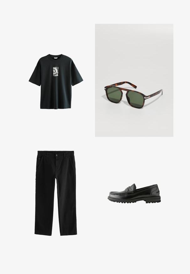 Next JAPANESE SURF GRAPHIC - T-Shirt print - black; Schwarze Baumwollhose mit geradem Bein, ausgestattet mit einem vorderen Knopfverschluss, schrägen Seitentaschen und dezenten Nähten.; Schwarze Lederpuschen mit glatter Oberfläche, ausgestattet mit einer genähten Gestaltung, einem niedrigen Stahlellenabsatz und einer strapazierfähigen Gummisohle mit Profil.; Schildpatt-Sonnenbrille mit quadratischen Rahmen, grünen Gläsern, silbernen Akzenten an den Bügeln, glatter Textur und leichtem Design.