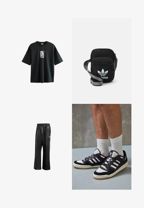 Next JAPANESE czarny; Czarne syntetyczne spodnie dresowe z elastycznym pasem, z białymi paskami po bokach i małym białym logo na lewym biodrze.; Czarno-białe sneakersy z zamszową i skórzaną cholewką, z trzema białymi paskami, perforowanym czubkiem i gumową podeszwą w kolorze gumy.; Czarna torba crossbody wykonana z materiału, z zamknięciem na zamek błyskawiczny, z białym logo Adidas oraz regulowanym paskiem w paski, co ułatwia noszenie.