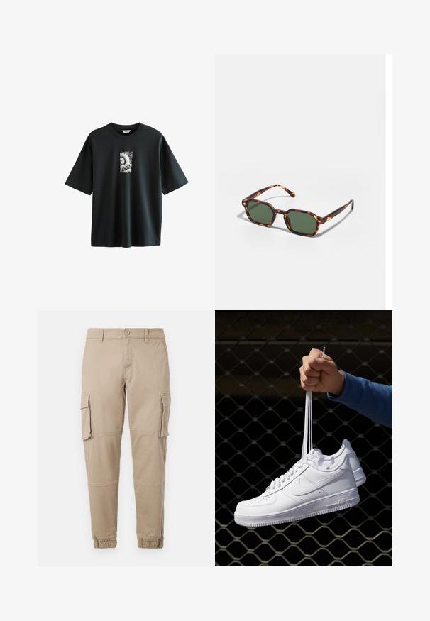 Next JAPANESE SURF GRAPHIC - Printtipaita - black; Beige cargo-housut kevyestä puuvillamateriaaliesta. Omistaa elastiset hihnat, useita sivutaskuja ja nappisuljin.; Valkoiset nahkasneakersit, joissa on rei'ityksiä, pyöreä kärki, tasapohja ja paksut nauhat, joissa on näkyvä swoosh-logo ja "AIR" kantapäässä.; Kilpikonnakuosiset aurinkolasit vihreillä linsseillä, joissa on oktaalinen muoto ja kapeat, kaarevat varret. Materiaalissa on kiiltävä pinta.