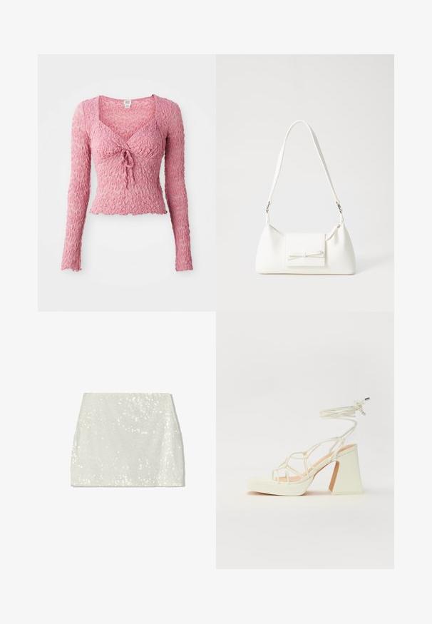 Roze, textuurvolle top met lange mouwen en een V-hals, voorzien van een voorkant met strikdetails en een geplooid ontwerp. Lichtgewicht en aansluitend.; Bershka A-lijn rok - white; Witte hoge hakken sandaal met een chunky hak, met een bandjesontwerp en enkelband. Gladde textuur met een plateau voor extra hoogte.; Witte synthetische handtas met een driehoekige vorm, platte voorklep en strikdetail, verstelbare schouderriem, gladde textuur en minimalistisch ontwerp.