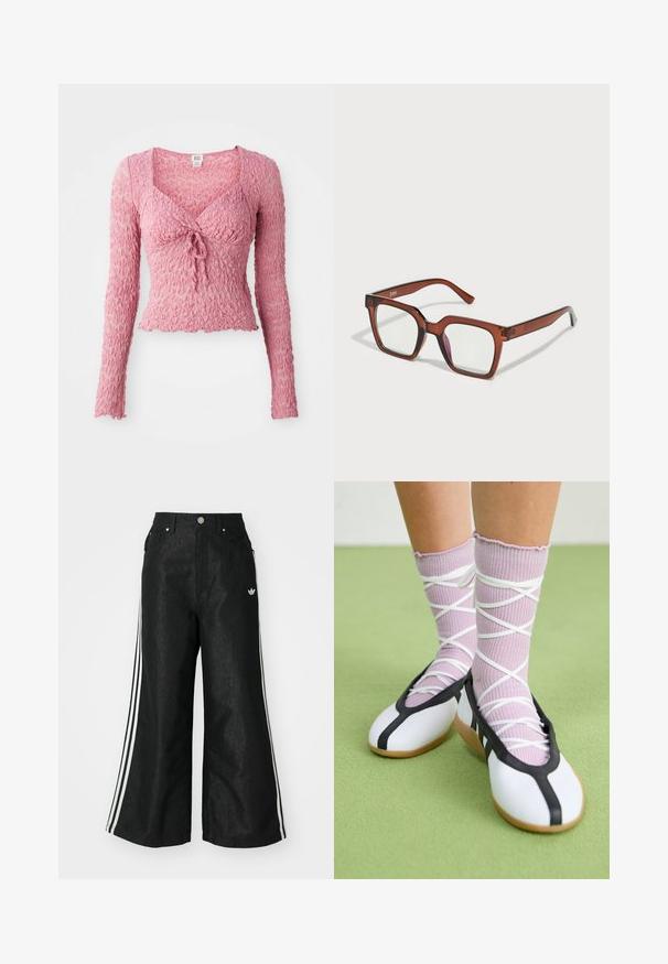 Rosa, strukturierte Langarm-Bluse mit V-Ausschnitt, die mit einem vorderen Krawatten-Detail und gerafftem Stoffdesign ausgestattet ist. Leicht und figurbetont.; Schwarze, weit geschnittene Jeans mit drei weißen Streifen an jeder Seite und einem kleinen weißen Logo. Mit vorderen Taschen und einem Knopfverschluss.; Weiße flache Schuhe mit schwarzem Besatz und Sohle, kombiniert mit helllilanen, gerippten Socken mit weißen Überkreuz-Riemen. Auf einem grünen Hintergrund. ; Braune übergroße rechteckige Brille mit klaren Gläsern und einem leicht rosafarbenen Farbton auf dem rechten Glas. Kunststoffrahmen mit glatter Textur.