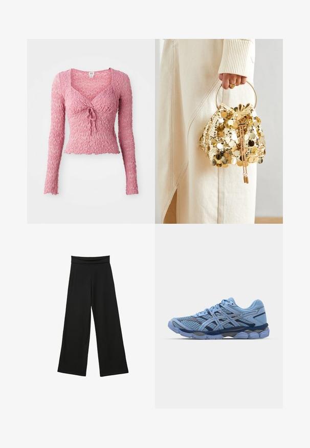 Rosa, strukturierte Langarm-Bluse mit V-Ausschnitt, die mit einem vorderen Krawatten-Detail und gerafftem Stoffdesign ausgestattet ist. Leicht und figurbetont.; Schwarze weite Hosen aus weichem Stoff, mit einem hohen, dehnbaren Bund, langen Beinen und ohne sichtbare Muster oder Akzente.; ASICS SportStyle GEL CUMULUS 16 UNISEX - Sneaker low - stone wash/independence blue; Goldfarbene Drawstring-Handtasche mit einem runden Griff, verziert mit glänzenden runden Pailletten und einem strukturierten Stoff. Abmessungen sind nicht angegeben.
