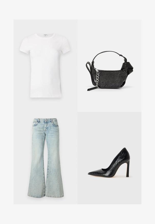 Balts ribots īsām piedurknēm T-krekls ar apaļu kaklu. Audumam ir gluda virsma un tas ir pieguļošs. Zīmola etiķete redzama pie apkakles.; Gai zila platā kāju džinsu bikses, izgatavotas no denima, ar augstu jostasvietu, kabatām un saplosītiem malu galiem. Audumam ir izteikta izbalējusi krāsa un smalks raksts.; Melni augstpapēžu apavi ar norādītu purngalu, ar krokodila ādas tekstūru, izceļoties ar elegantu dizainu, augstu stiletto papēdi un gludu melnu interjeru.; Melnā rokassomiņa ar studētiem rotājumiem, ķēdes siksniņu un gludas ādas rokturi, ar apaļu formu un ar rāvējslēdzēju aizveramu nodalījumu.