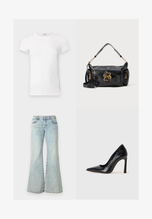 Hvid, stribet T-shirt med kortærmer og rund hals. Stoffet ser glat ud med en tætsiddende silhuet. Brandingmærke synligt ved kraven.; Lyseblå flared jeans lavet af denim, med høj talje, lommer og frynset kant. Stoffet har et slidt look og en subtil struktur.; Sorte spidse tå stiletto-sko i krokodilleskind med et strømlinet design, høj hæl og glat sort inderside.; Sort læderhåndtaske med en glat overflade, guldhardware formet som en slange og to lynlåslommer på siden. Justerbar skulderrem inkluderet.