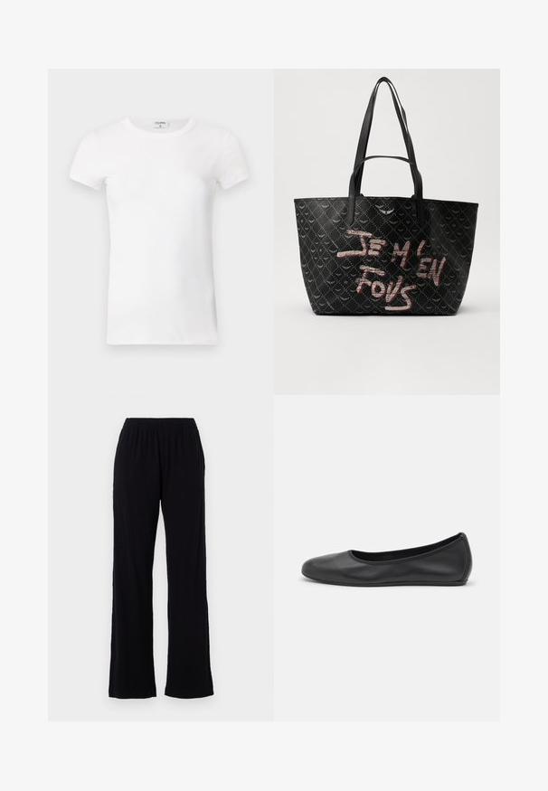 Bela rebrasta majica s kratkimi rokavi in okroglo ovratnikom. Tkanina se zdi gladka z oprijetim silhueto. Oznaka blagovne znamke vidna na ovratniku.; Črne, lahke, elastične hlače z ravnim krojem. Mehka tekstura brez vidnih vzorcev ali dodatkov. Preprost in vsestranski slog.; Črne usnjene balerinke z zaobljenim nosom, gladko teksturo, minimalnimi šivi in fleksibilno zasnovo podplata.; Črna torba z ramenskimi trakovi, izdelana iz teksturiranega materiala z diamantom vzorcem, ter drznim rdečim in belim besedilom "JE M'EN FOUS."