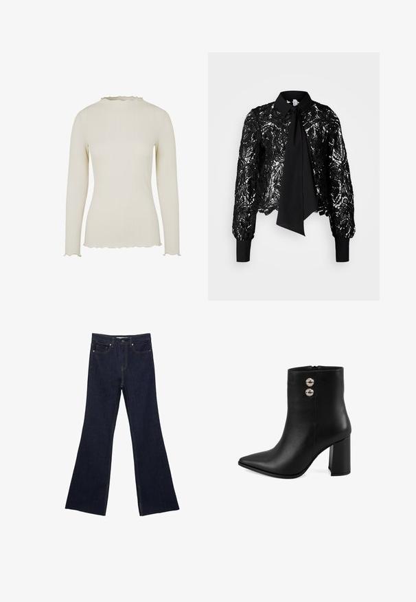 T-shirt à manches longues en tissu côtelé crème clair avec une finition texturée. Dispose d'un décolleté et d'un ourlet à volants pour un détail supplémentaire.; Vero Moda Tall VMEDA SHORT BOW SHIRT  - Blouse - black; Jean flare en denim bleu foncé avec un design classique à cinq poches et des coutures visibles. Le tissu a une texture lisse avec un minimum de décoloration.; Bottine en cuir noir à bout pointu, avec un talon carré, une fermeture éclair sur le côté et deux boutons décoratifs en argent sur le côté extérieur.
