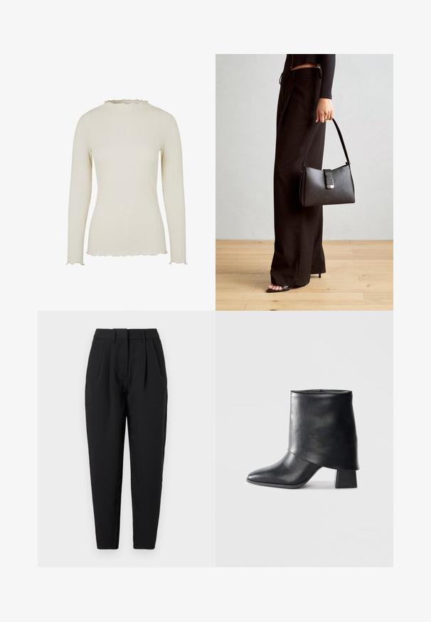 Long-sleeve top in light cream ribbed fabric with a textured finish. Features a scalloped neckline and hem for added detail.; Black trousers with a straight fit, featuring pleats at the front, a smooth texture, and side pockets. The waistband is standard height.; Black leather ankle boot with a pointed toe, smooth texture, and a structured block heel. Features a high, folded cuff design.; Black handbag with structured shape, smooth texture, and a metallic clasp. Paired with wide black pants and open-toe sandals on wooden floor.
