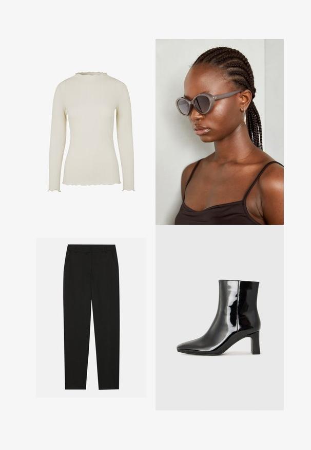 Długo-sleeve top w jasny kremowym prążkowanym materiale o fakturowanym wykończeniu. Posiada falbaniasty dekolt i dół jako dodatkowy detal.; Czarne spodnie o dopasowanym kroju, z bocznymi kieszeniami i prostą nogawką. Wykonane z gładkiego, lekkiego materiału o eleganckim wykończeniu.; Czarne lakierowane botki za kostkę z wysmukłym noskiem i średniej wysokości obcasem w kształcie słupka. Gładka tekstura i minimalistyczny design.; Szare, przerośnięte okulary przeciwsłoneczne o zaokrąglonym kształcie i ciemnych soczewkach. Smukła plastikowa oprawka o gładkim wykończeniu. Model ma warkocze.