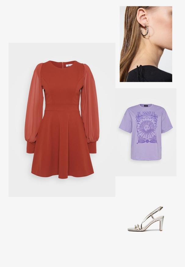 Lilla puuvillane t-särk lühikeste varrukatega, millel on ümmargune päikesegraafika ja astroloogilised sümbolid tumedamas lillades toonides. Ümmargune kaelus.; Punane kleit lühikeste puhvidega läbipaistvate varrukatega, istuv torso, laienev seelik ja seljaosal tõmblukk. Valmistatud struktureeritud kangast, millel on sile pind.; Metallilise hõbedase värvi kõrge kontsaga sandaal avatud varbaga, millel on jalas kolm õhukest rihma ja pahkluuring koos kinnitusega.; Kuldne metallist käekott, millel on sile tekstuur ja kolmnurkne klapp. Kotti hoidev käsi on hoolikalt maniküüritud küüntega.; Hõbedane rõngas kõrvarõngas poleeritud viimistlusega, millel on väikesed kuldsed aktsendid ja ümmargune kuju, kantud lobus.