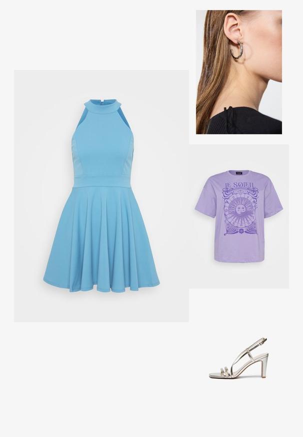 Lavandas krāsas kokvilnas t-krekls ar īsām piedurknēm, uz kura attēlota apļa saules grafika un astroloģijas simboli tumšākā purpursarkanā krāsā. Apkakle ar apaļu izgriezumu.; Gaiši zils bezpiedurkņu kleita ar augstu dekoltē, pieguļošu korseti un izplestu svārku. Izgatavota no gludas auduma ar krokotā dizaina elementiem.; Metāliski sudraba augstpapēžu sandaļi ar atvērtu purngalu, kas aprīkoti ar trim plāniem siksniņām pāri pēdai un potītes siksniņu ar sprādzi.; Zelta metalizēta sajūga soma ar gludu tekstūru, kuru rotā trīsstūrveida vāks. Rokai, kas to tur, ir kārtīgi apgriezti nagi.; Sudraba auskars ar pulētu apdari, ar maziem zelta akcentiem un apaļu formu, uz ausu ļipiņas.