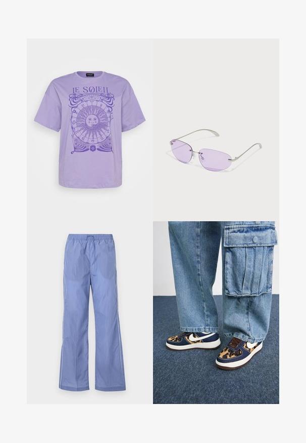 T-shirt de algodão lavanda com mangas curtas, apresentando um gráfico circular de sol e símbolos de astrologia em um roxo mais escuro. Gola redonda.; Calças leves azuis com cintura elástica, apresentando um corte solto e detalhes laterais. Feitas de material suave e durável.; Sapatilhas azul-marinho com detalhes em padrão de leopardo, swoosh branco da Nike, atacadores castanhos e sola intermédia branca. Combinadas com calças cargo de denim claro.; Óculos de sol com lentes ovais roxas, armação de metal e hastes finas. Almofadas de nariz transparentes e marcação discreta na haste.