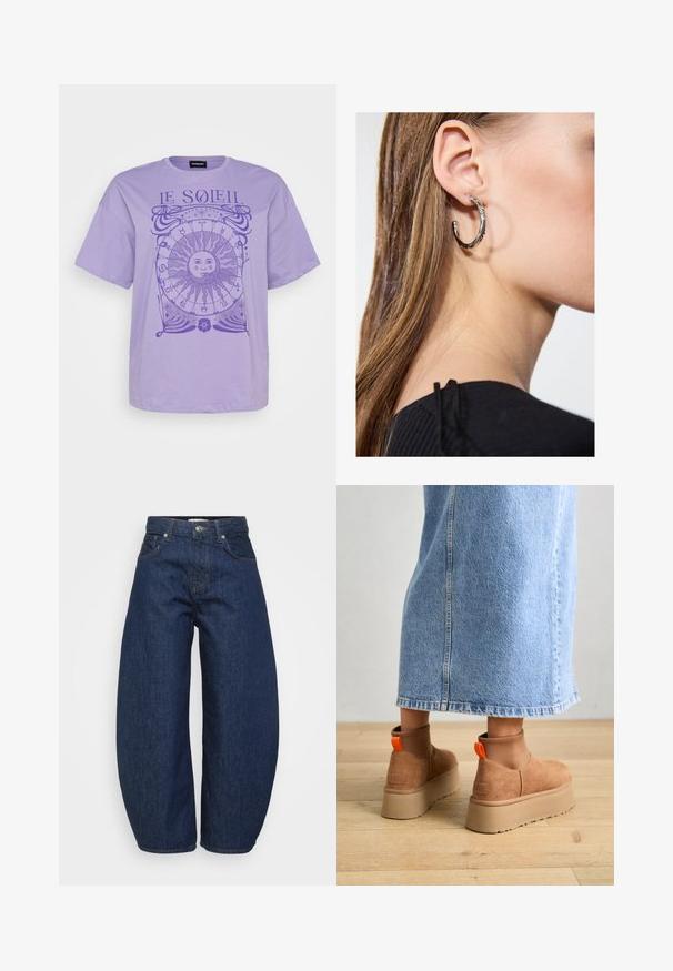 Levandulové bavlněné tričko s krátkým rukávem, s kulatým grafickým motivem slunce a astrologickými symboly v tmavší fialové. Kulatý výstřih.; Džíny s vysokým pasem, tmavě modré, široké nohavice, zapínání na přední knoflík a zip, a klasický pětikapsový design.; Hnědé semišové platformové boty s elastickými bočními panely a oranžovými poutky, spárované s sukní z jasného denimu ke kolenům na dřevěné podlaze.; Stříbrný kruhový náušník s lesklým povrchem, zdobený malými zlatými akcenty, v kulatém tvaru, nošený na lalůčku.