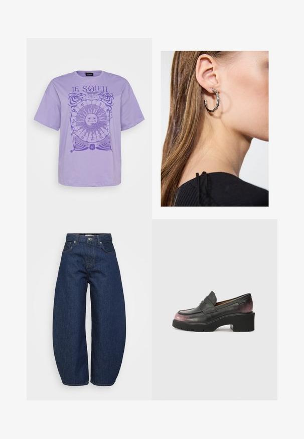 Laventelivärinen puuvillat-paita lyhyillä hihoilla, jossa on pyöreä aurinkograafinen ja tummemman violetin värisiä astrologisia symboleja. Pyöreä kaula-aukko.; Tummansiniset korkeavyötäröiset farkut, joissa on leveät lahkeet, edessä nappi- ja vetoketjukiinnitys sekä klassinen viiden_taskun malli.; Musta nahkainen loaferi pyöreällä varpaalla, korostusnauha ja mustasta tummanpunaiseen värisävyyden gradientti kantapäässä. Varusteena on paksu pohja.; Hopea renkaankorvakoru kiiltävällä pinnalla, jossa on pieniä kultaisia yksityiskohtia ja pyöreä muoto, käytetty korvalla.