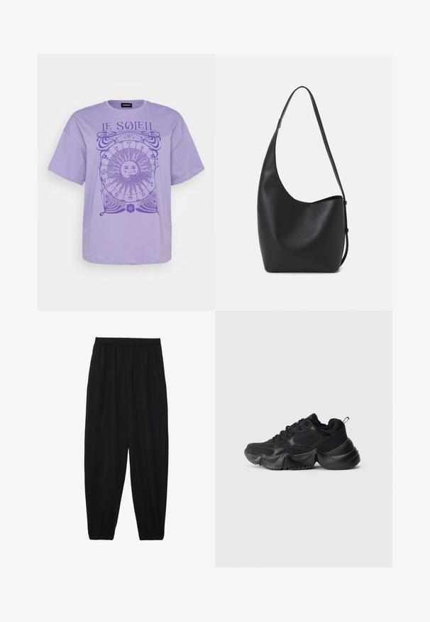 Lavender cotton t-shirt with short sleeves, featuring a circular sun graphic and astrology symbols in a darker purple. Crew neckline.; Black, lightweight pants with an elastic waistband and gathered ankles. The fabric is smooth and features a relaxed, tapered design.; Black sneakers with a mix of smooth and textured materials, thick soles, rounded shape, and decorative stitching. Features a soft, plush cuff.; Black leather hobo bag with a smooth texture, curved shape, and single adjustable strap; features a wide opening at the top.