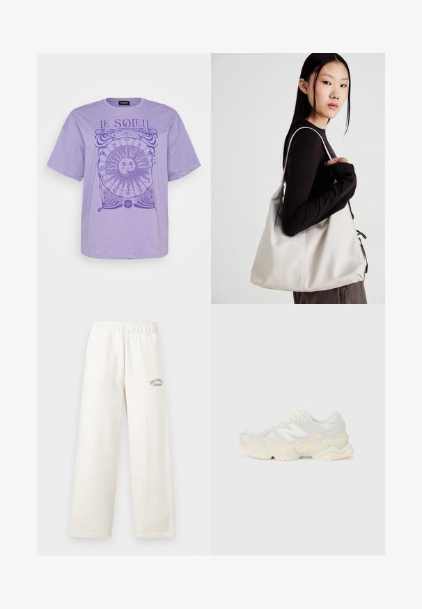 Lavender cotton t-shirt with short sleeves, featuring a circular sun graphic and astrology symbols in a darker purple. Crew neckline.; Cream-colored wide-leg pants made from soft material with an elastic waistband. Features subtle green embroidered text on the front.; Lightweight sneaker featuring a mesh and suede upper in soft cream tones, with a chunky sole and three-dimensional accents.; Beige handbag made of soft material, featuring a slouchy design, stitched detailing, and two shoulder straps. Suitable for everyday use.