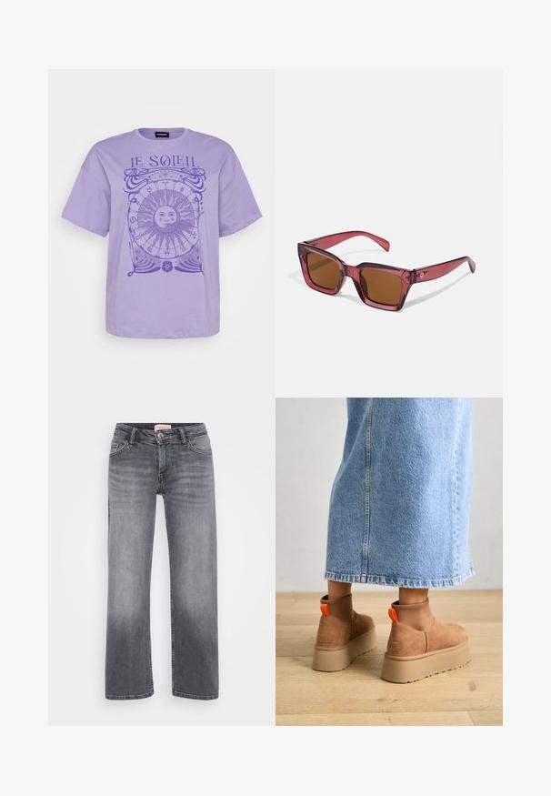 Camiseta de algodón lavanda con mangas cortas, que presenta un gráfico circular de sol y símbolos astrológicos en un púrpura más oscuro. Cuello redondo.; Jeans de mezclilla gris con diseño de pierna recta, estilo de cinco bolsillos, leve desgaste y cierre de botón en la cintura.; Botas de plataforma de ante marrón con paneles laterales elásticos y tiradores naranjas, combinadas con una falda de mezclilla ligera hasta la rodilla sobre un suelo de madera.; Gafas de sol cuadradas tintadas de rojo con lentes marrones. Fabricadas en plástico translúcido. Presentan un diseño angular destacado y un sutil logo en la patilla.; Pendiente de aro de plata con un acabado pulido, que presenta pequeños detalles en dorado y una forma redonda, llevado en el lóbulo.