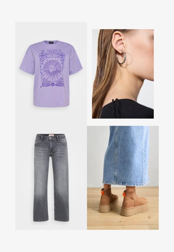 Lilla puuvillane t-särk lühikeste varrukatega, millel on ümmargune päikesegraafika ja astroloogilised sümbolid tumedamas lillades toonides. Ümmargune kaelus.; Halli teksad otste kujundusega, viie taskuga stiil, kerge pleekimisega ja nööpkinnipeaga vöökoht.; Pruunid nahatooted platvormikontsad elastsete külgpaneelidega ja oranžide tõmbetuttidega, koos puusani ulatuva heleda denim-seelikuga puidust põrandal.; Hõbedane rõngas kõrvarõngas poleeritud viimistlusega, millel on väikesed kuldsed aktsendid ja ümmargune kuju, kantud lobus.