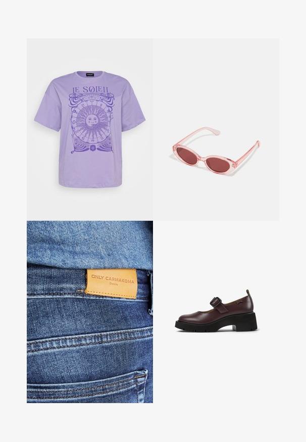 Tricou din bumbac lavandă cu mâneci scurte, cu un grafic circular al soarelui și simboluri astrologice de culoare violet închis. Guler rotund.; Jeans din denim albastru cu o etichetă din piele maro pe care scrie "ONLY CARMKOMA Denim," cu cusături vizibile și un detaliu de buzunar lateral.; Pantofii Mary Jane din piele bordeaux cu o cataramă pătrată, vârf rotund și un toc gros negru, cu un model de profil.; Ochelari de soare roz transparenți cu lentile ovale, nuanță roșie închisă și brațe subțiri, având un finisaj neted și detalii subtile pe cadru.; Geantă din piele bleu deschis cu mânere de sus, buzunar frontal cu clapetă și curea detașabilă pentru încheietura mâinii, pe un fundal alb.