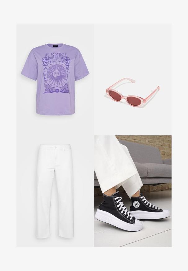 Levanduľové bavlnené tričko s krátkymi rukávmi, s kruhovou grafikou slnka a symbolmi astrológie v tmavšej purpurovej farbe. Okrúhly výstrih.; Biele bavlnené nohavice s rovnými nohavicami, ktoré majú predné zapínanie na gombík, pútka na opasok a jemné detaily prešívania.; Čierne vysoké tenisky s bielymi gumovými podrážkami a šnúrkami. Obsahujú okrúhlu nášivku s logom a kontrastné biele prešívanie. Materiál je plátený.; Ružové priehľadné slnečné okuliare s oválnymi šošovkami, tmavočerveným tónovaním a štíhlymi ramenami, so hladkým povrchom a jemnými detailmi na ráme.; Biely perlový náhrdelník s viacerými farebnými pendantmi v tvare medvedíka z gumy, obsahujúci ružové, fialové a modré trblietavé časti a so strieborným zapínaním.