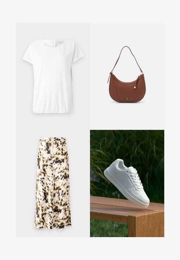 White cotton T-shirt with short sleeves, round neckline, and eyelet pattern featuring diamond shapes. Soft texture and relaxed fit.; A knee-length skirt in a light fabric with a beige, brown, and green abstract pattern. Features a fitted waistband and flowing design.; White sneaker with a smooth synthetic upper, perforated toe box, flat laces, and a textured sole, displayed on a wooden surface.; Brown faux leather shoulder bag with curved shape, minimal stitching, and a gold-tone hardware accent. Features a top zipper closure and adjustable strap.
