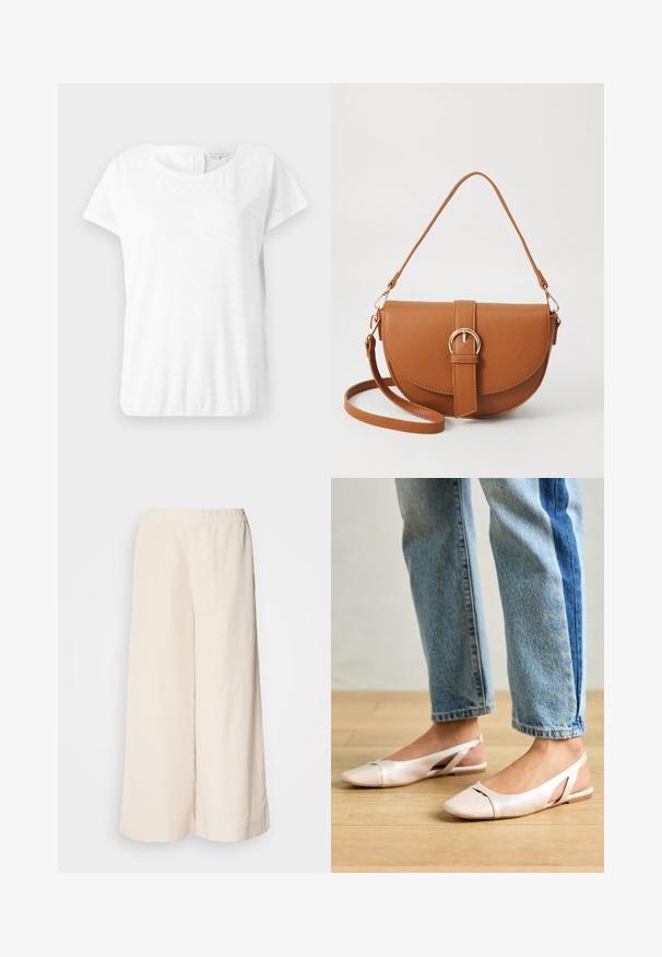 Bela bombažna majica s kratkimi rokavi, okroglo izrezana in z očesnim vzorcem v obliki diamantov. Mehka tekstura in sproščen kroj.; Kremne široke hlače z elastičnim pasom, ki imajo sproščen kroj in gladko teksturo, primerne za vsakodnevno nošenje.; Svijetloružičaste slingback balerinke s šiljastim nožnim prstima, napravljene od glatkog materijala nalik koži. Imaju izrezane detalje sa strane i ravne pete.; Rjava usnjena torbica prek telesa s ukrivljeno obliko, zlate opreme in sponko. Ima odstranljiv naramni trak.