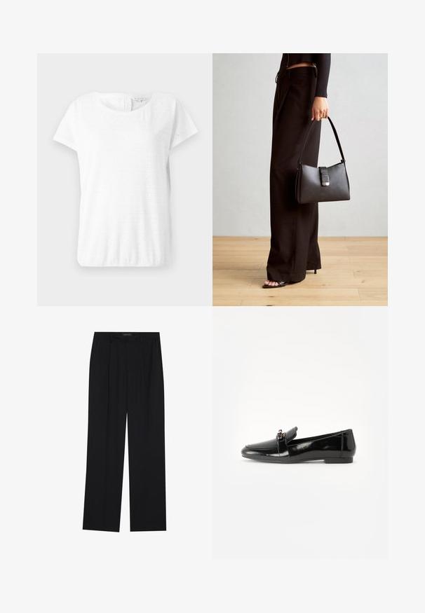 T-shirt bianco in cotone con maniche corte, scollatura rotonda e motivo ad occhio di pernice con forme a diamante. Texture morbida e vestibilità comoda.; Pantaloni neri con un design a gamba dritta, dotati di due tasche frontali e di una vita. Realizzati in un tessuto morbido e leggero.; Mocassino in pelle verniciata nera con suola piatta, punta arrotondata e una fascia decorativa con accento in tonalità oro. Finitura liscia e lucida.; Borsa nera con forma strutturata, texture liscia e una chiusura metallica. Abbinata a pantaloni neri larghi e sandali open-toe su un pavimento in legno.