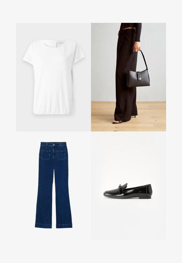 Valge puuvillane T-särk lühikeste varrukatega, ümar kaelus ja silmade mustriga, mis sisaldab rombikujundeid. Pehme tekstuur ja mugav lõige.; Tumedat sinised flared teksad, millel on sile tekstuur, viie tasku disain ja nupuga kinnitamine vööl.; Must musta nahk kingad tasase põhjaga, ümarate varvastega ja dekoratiivse riba kuldse detailiga. Sile, läikiv viimistlus.; Must musta kott, millel on struktureeritud kuju, sile tekstuur ja metallist klamber. Kombineeritud laiate mustade pükstega ja avatud varvaste sandaalidega puidust põrandal.